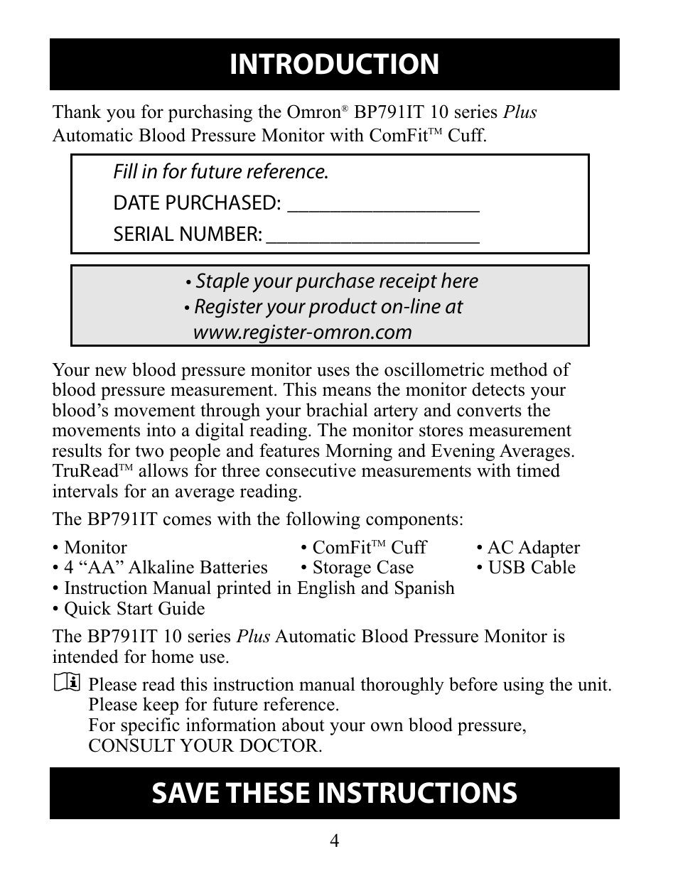 Introduction, Save these instructions, Before using the monitor | Omron Healthcare 10 SERIES PLUS BP791IT User Manual | Page 4 / 60