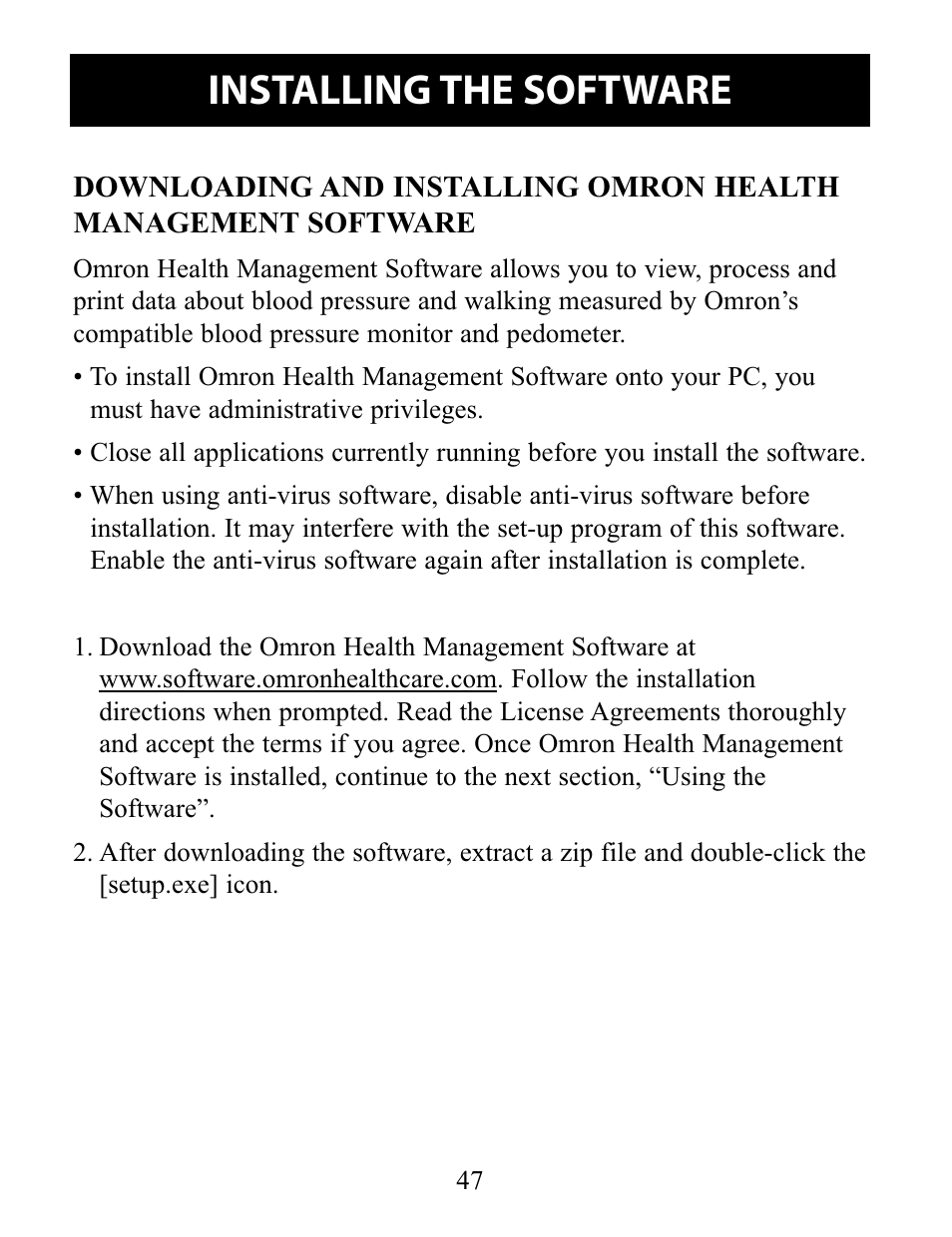 Installing the software | Omron Healthcare 10 SERIES PLUS BP791IT User Manual | Page 47 / 60