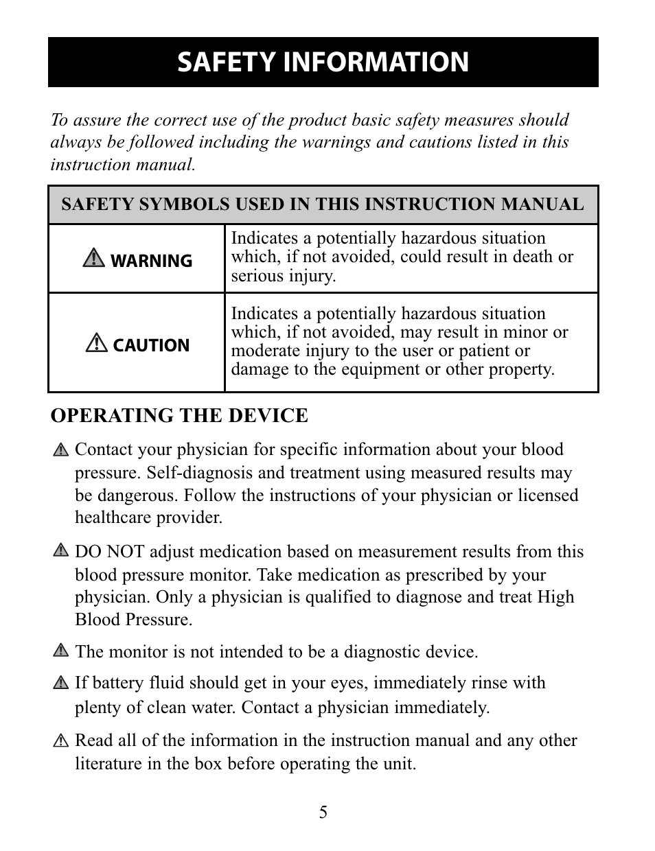 Safety information, Operating the device | Omron Healthcare 10 SERIES PLUS BP791IT User Manual | Page 5 / 60