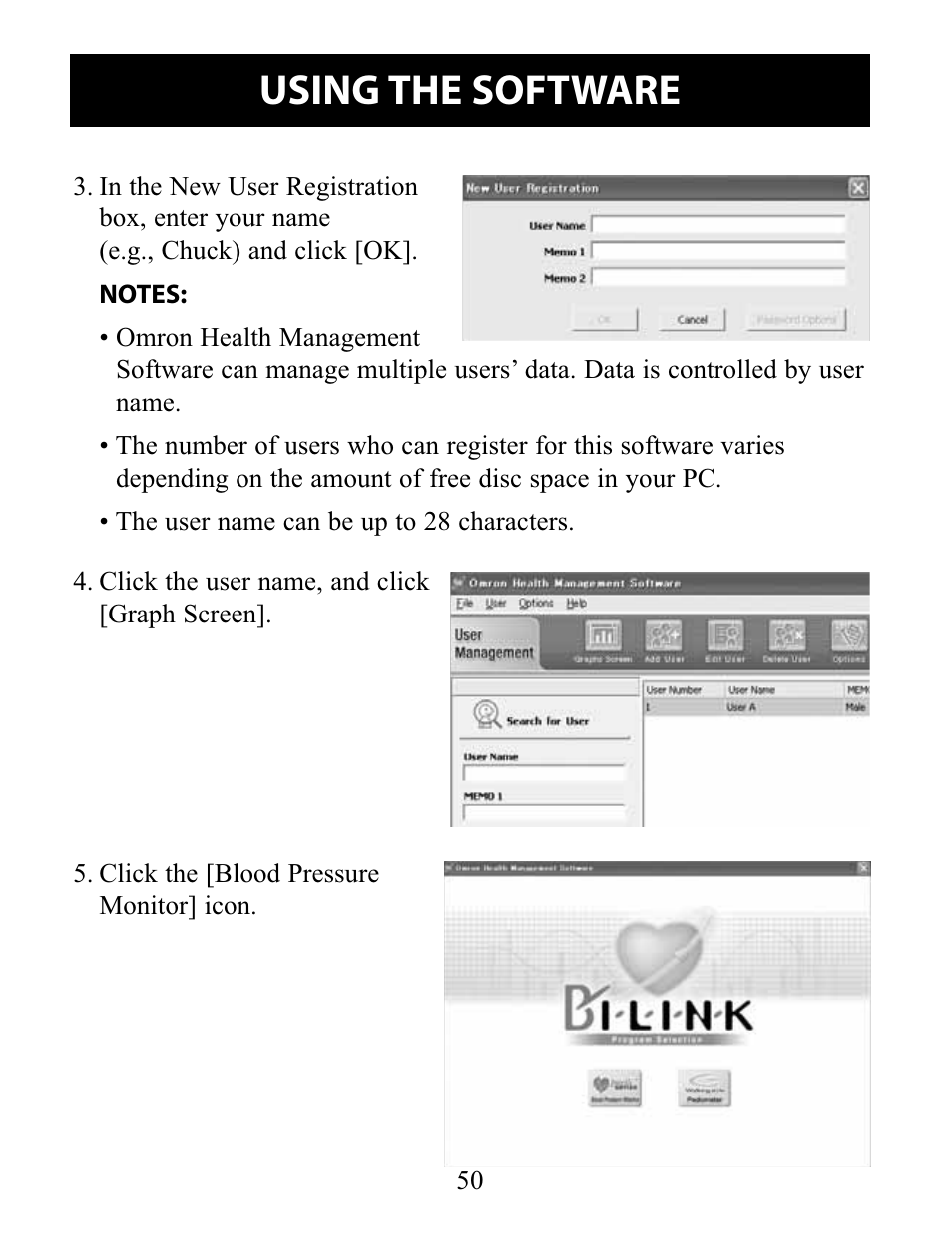 Using the software | Omron Healthcare 10 SERIES PLUS BP791IT User Manual | Page 50 / 60