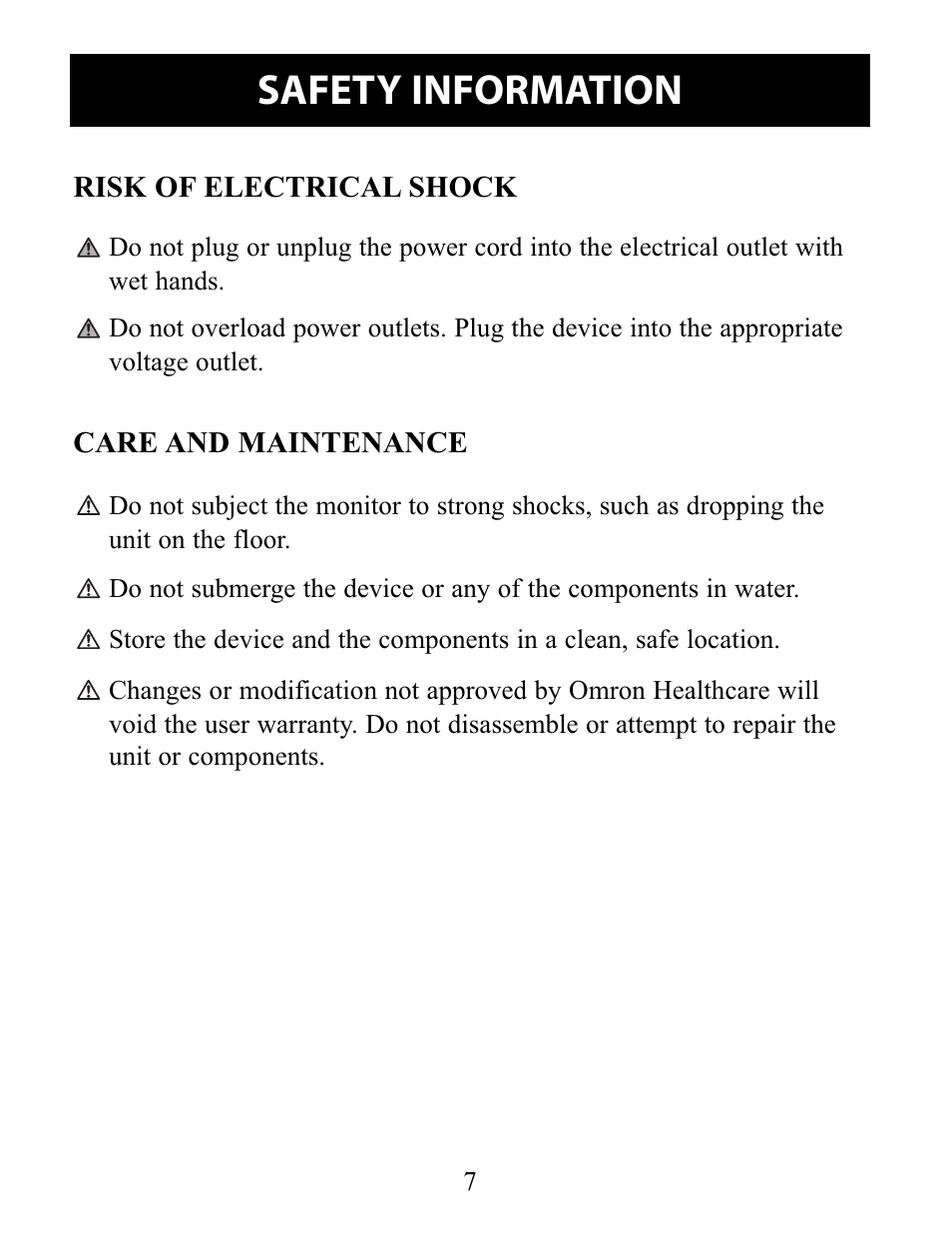 Risk of electrical shock, Care and maintenance, Risk of electrical shock care and maintenance | Safety information | Omron Healthcare 10 SERIES PLUS BP791IT User Manual | Page 7 / 60