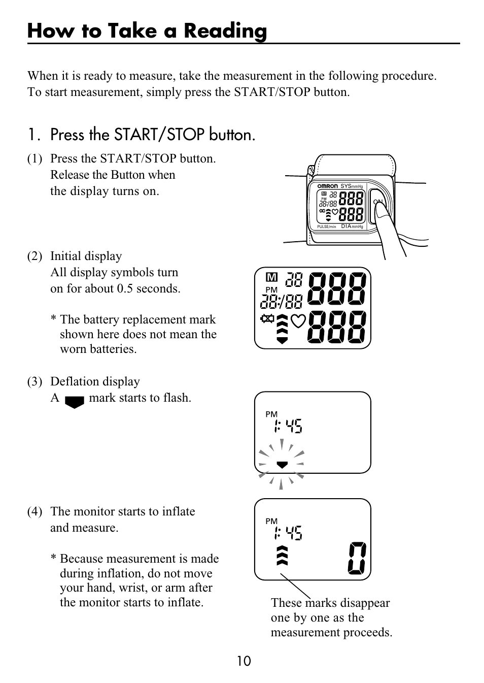 How to take a reading, Press the start/stop button | Omron Healthcare HEM-630 User Manual | Page 10 / 20