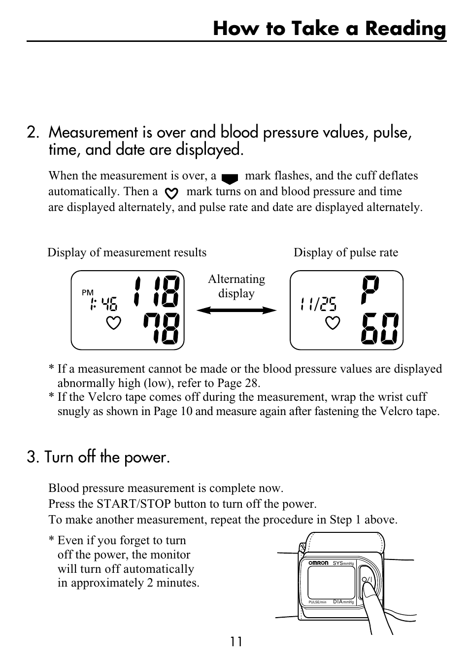 How to take a reading, Turn off the power | Omron Healthcare HEM-630 User Manual | Page 11 / 20