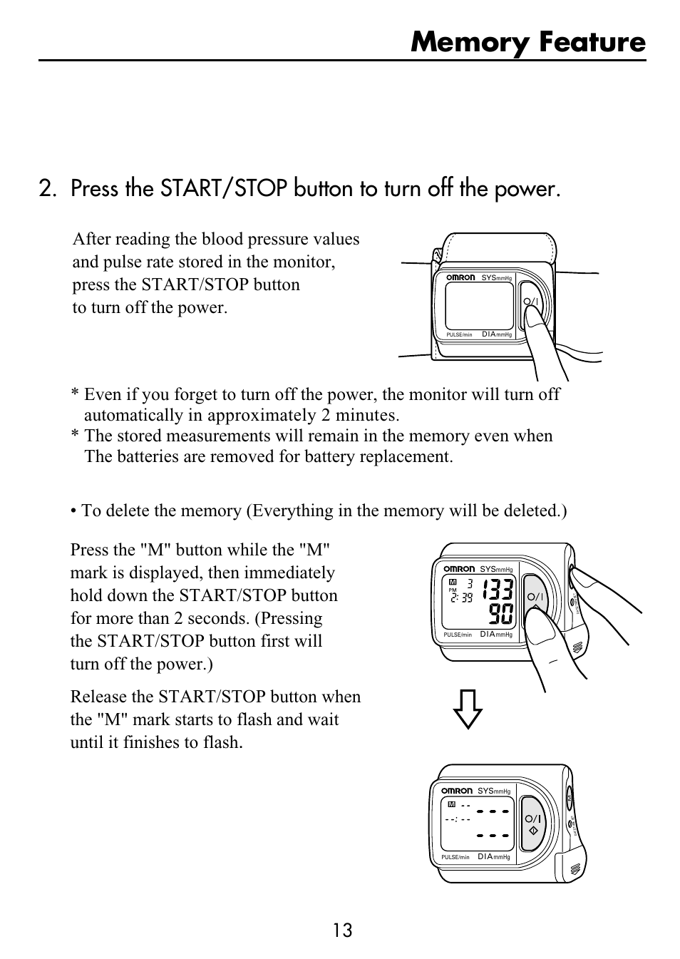 Press the start/stop button to turn off the power | Omron Healthcare HEM-630 User Manual | Page 13 / 20