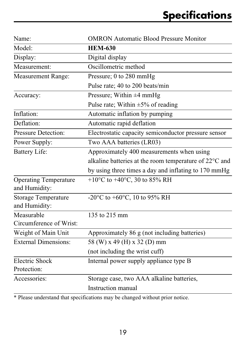 Specifications | Omron Healthcare HEM-630 User Manual | Page 19 / 20