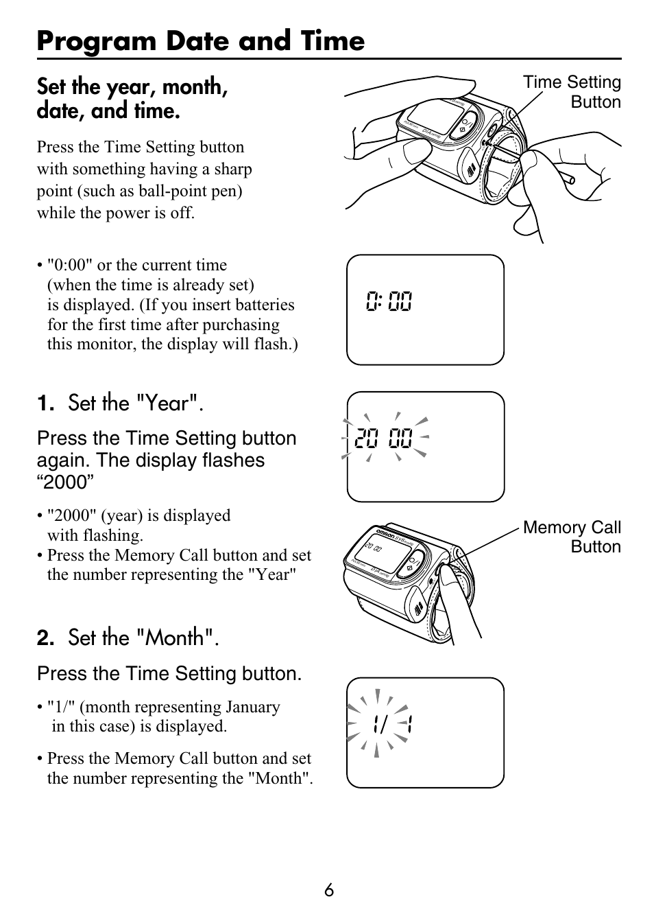 Program date and time, Set the year, month, date, and time, Set the "year | Set the "month, Press the time setting button | Omron Healthcare HEM-630 User Manual | Page 6 / 20