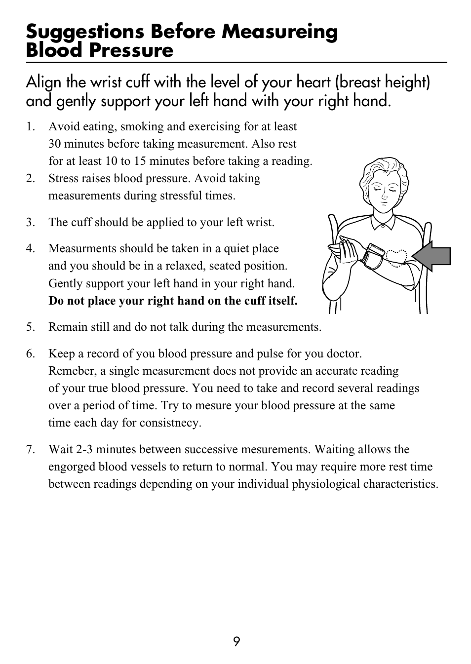 Suggestions before measureing blood pressure | Omron Healthcare HEM-630 User Manual | Page 9 / 20