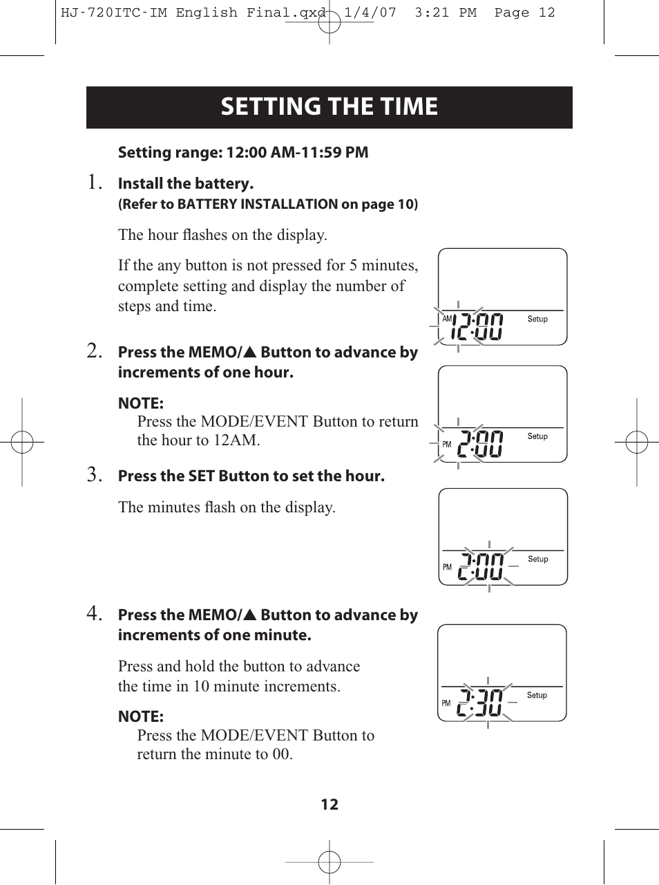 Setting the time | Omron Healthcare HJ-720ITC User Manual | Page 12 / 42