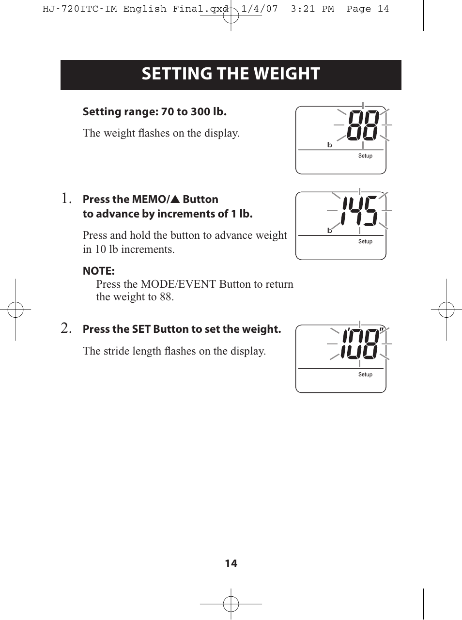 Setting the weight | Omron Healthcare HJ-720ITC User Manual | Page 14 / 42