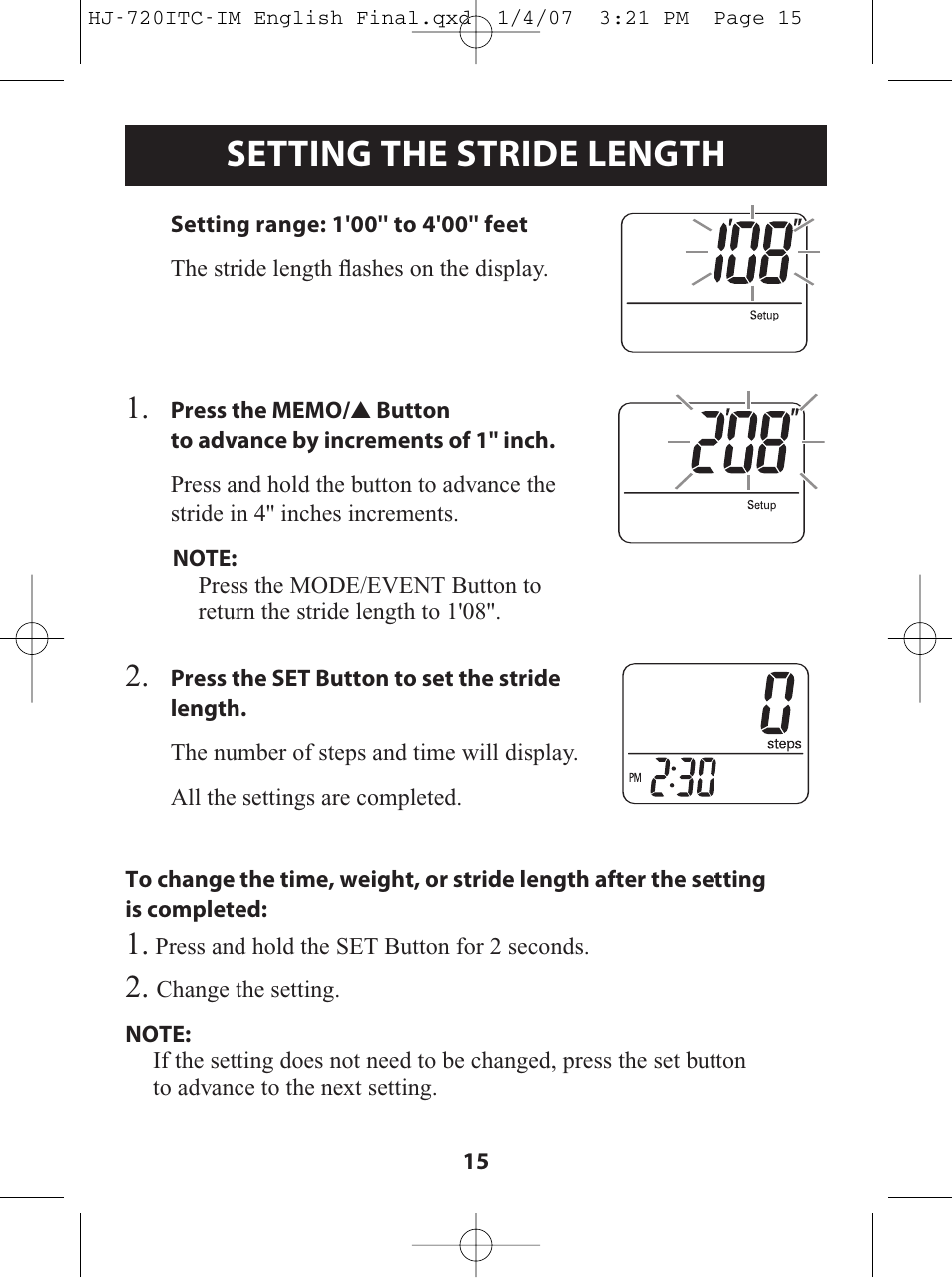 Setting the stride length | Omron Healthcare HJ-720ITC User Manual | Page 15 / 42