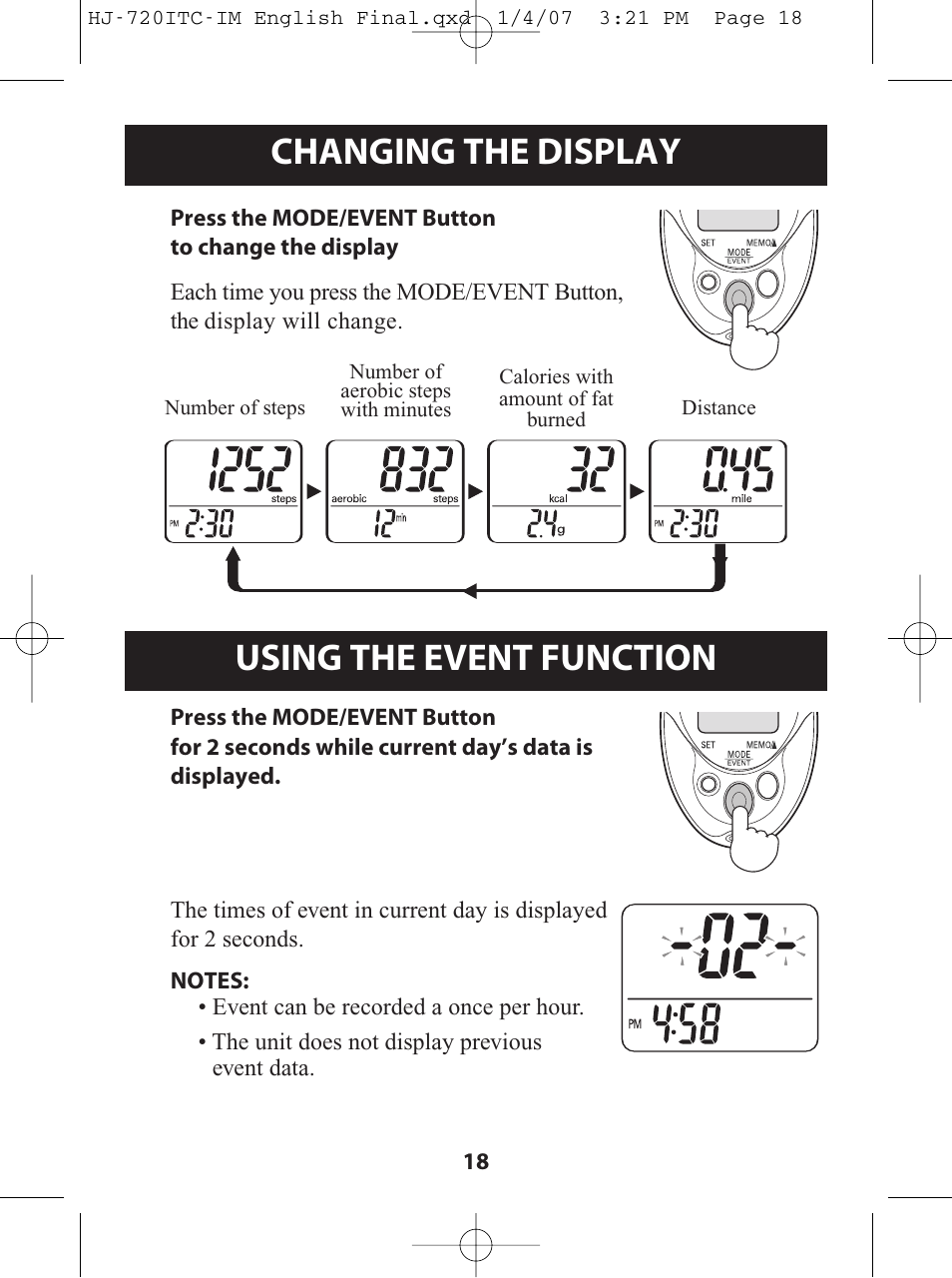 Changing the display, Using the event function, Changing the display using the event function | Omron Healthcare HJ-720ITC User Manual | Page 18 / 42