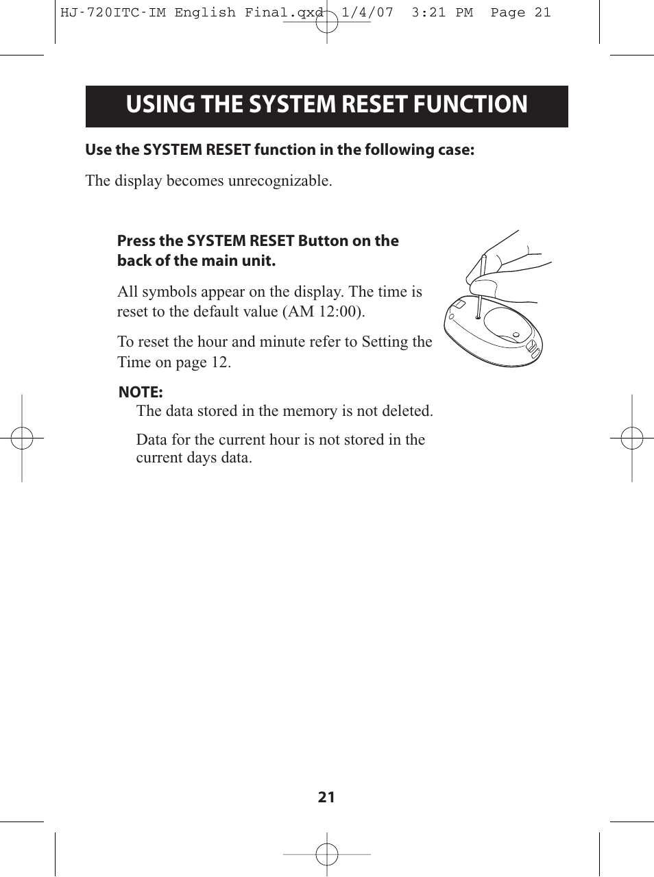 Using the system reset function | Omron Healthcare HJ-720ITC User Manual | Page 21 / 42