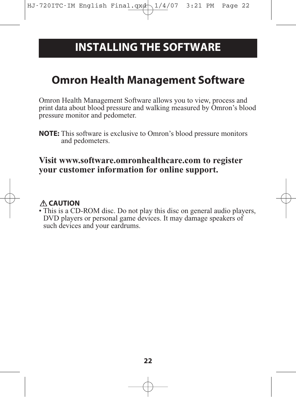 Downloading instructions, Installing the software, Omron health management software | Omron Healthcare HJ-720ITC User Manual | Page 22 / 42