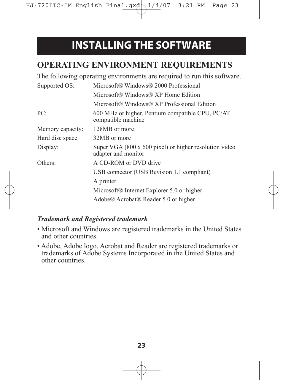 Installing the software, Operating environment requirements | Omron Healthcare HJ-720ITC User Manual | Page 23 / 42