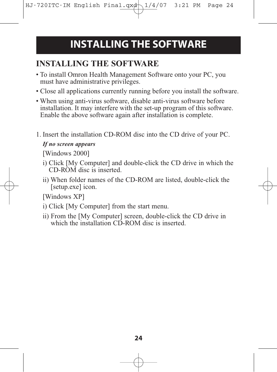 Installing the software | Omron Healthcare HJ-720ITC User Manual | Page 24 / 42