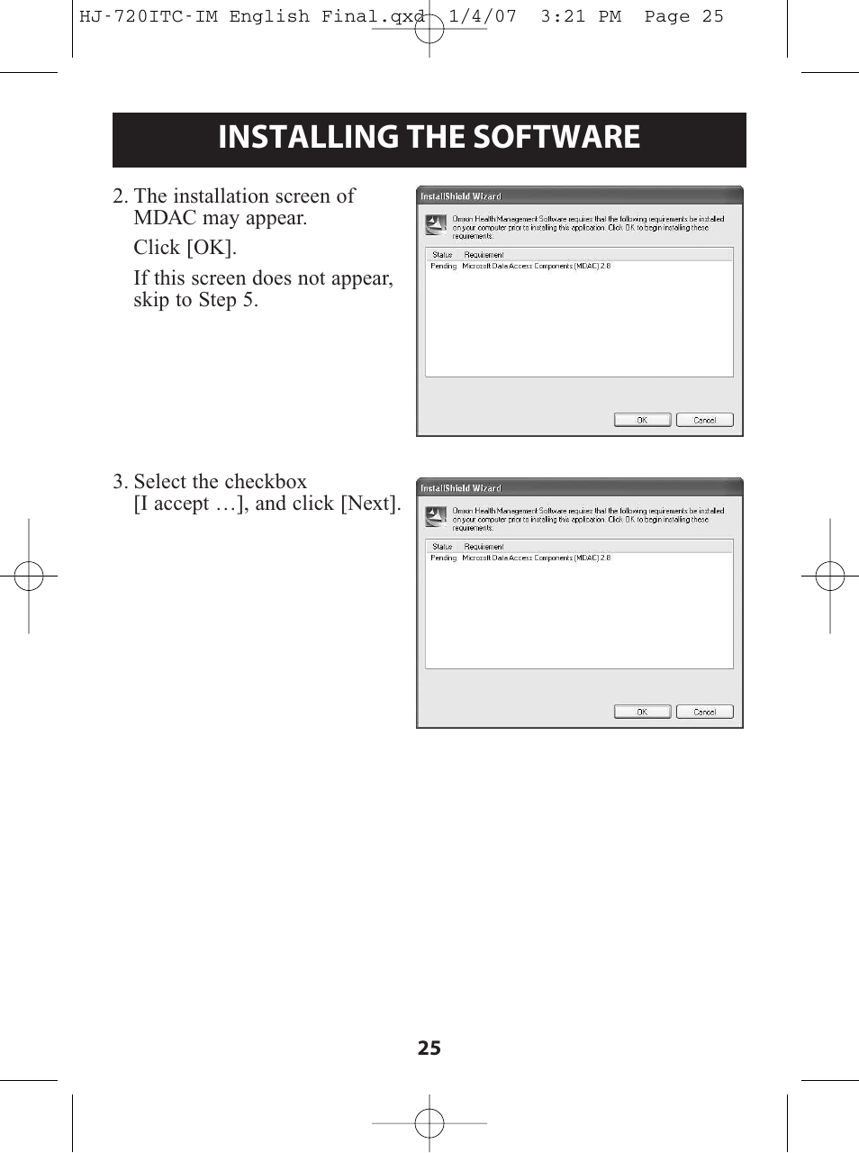 Installing the software | Omron Healthcare HJ-720ITC User Manual | Page 25 / 42