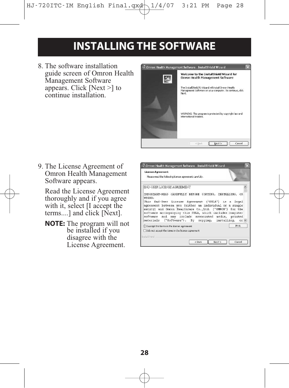 Installing the software | Omron Healthcare HJ-720ITC User Manual | Page 28 / 42