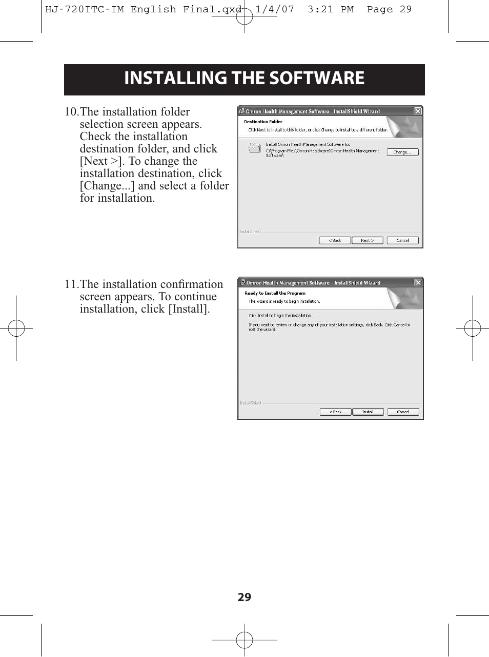 Installing the software | Omron Healthcare HJ-720ITC User Manual | Page 29 / 42