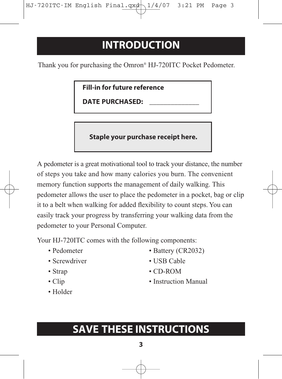 Introduction, Save these instructions | Omron Healthcare HJ-720ITC User Manual | Page 3 / 42