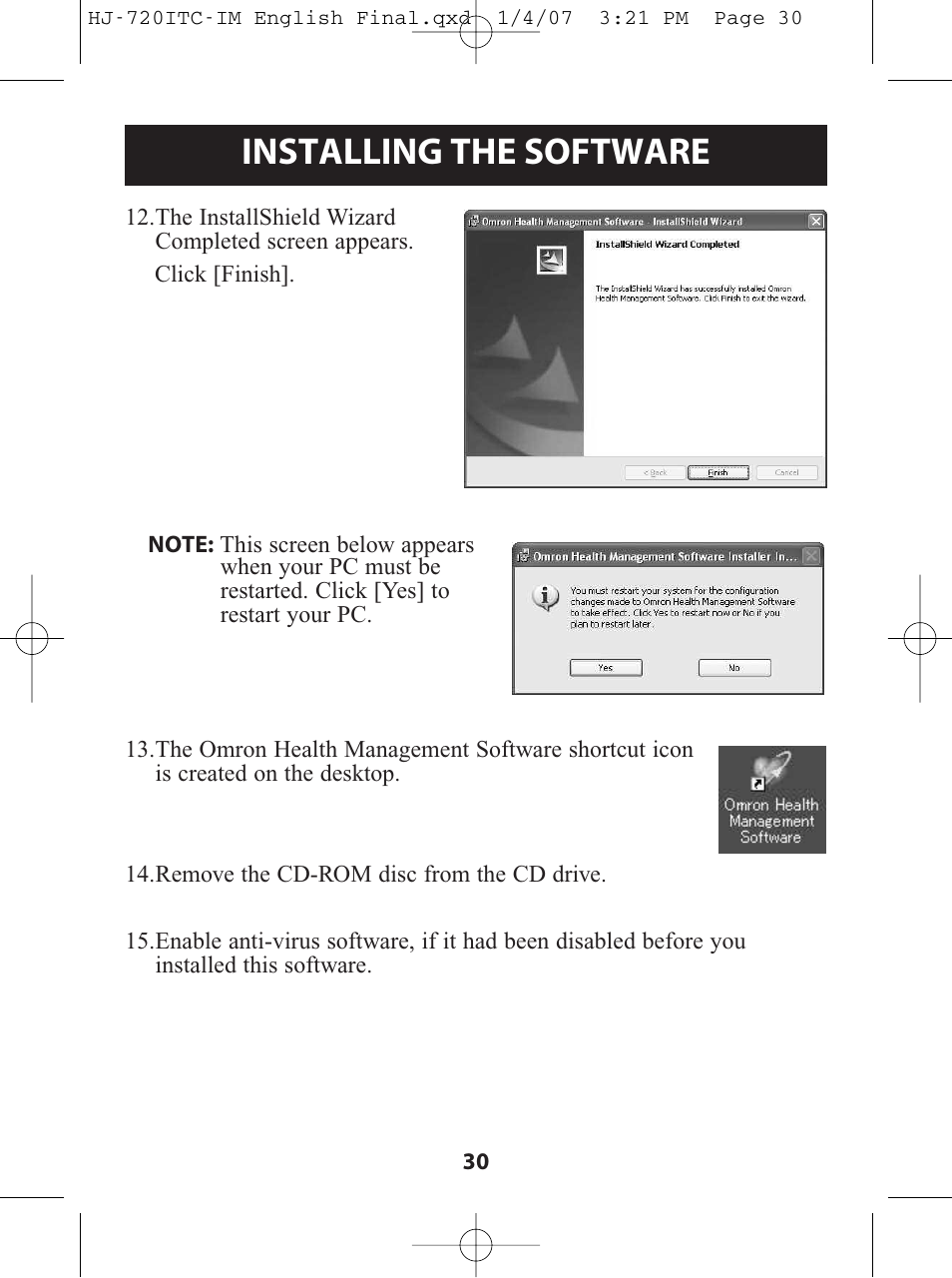 Installing the software | Omron Healthcare HJ-720ITC User Manual | Page 30 / 42