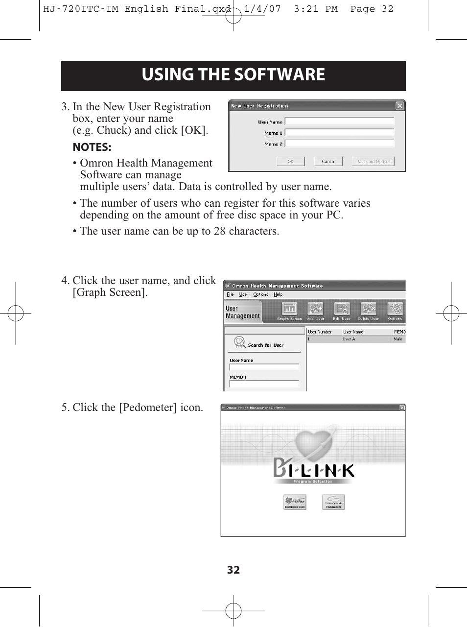 Using the software | Omron Healthcare HJ-720ITC User Manual | Page 32 / 42