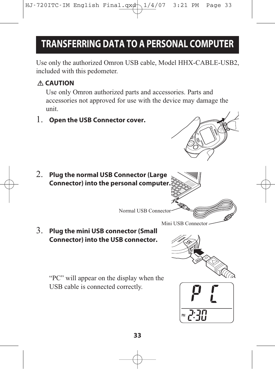 Transferring data to a perso, Transferring data to a personal computer | Omron Healthcare HJ-720ITC User Manual | Page 33 / 42