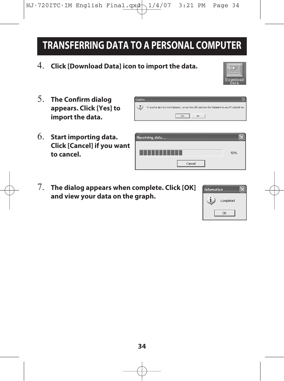 Transferring data to a personal computer | Omron Healthcare HJ-720ITC User Manual | Page 34 / 42