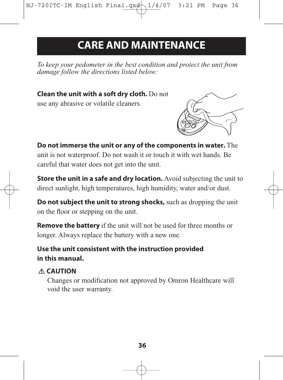 Care and maintenance | Omron Healthcare HJ-720ITC User Manual | Page 36 / 42