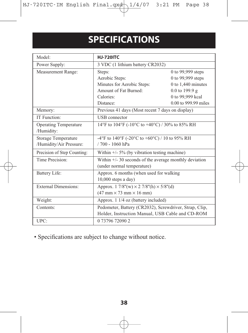 Specifications | Omron Healthcare HJ-720ITC User Manual | Page 38 / 42