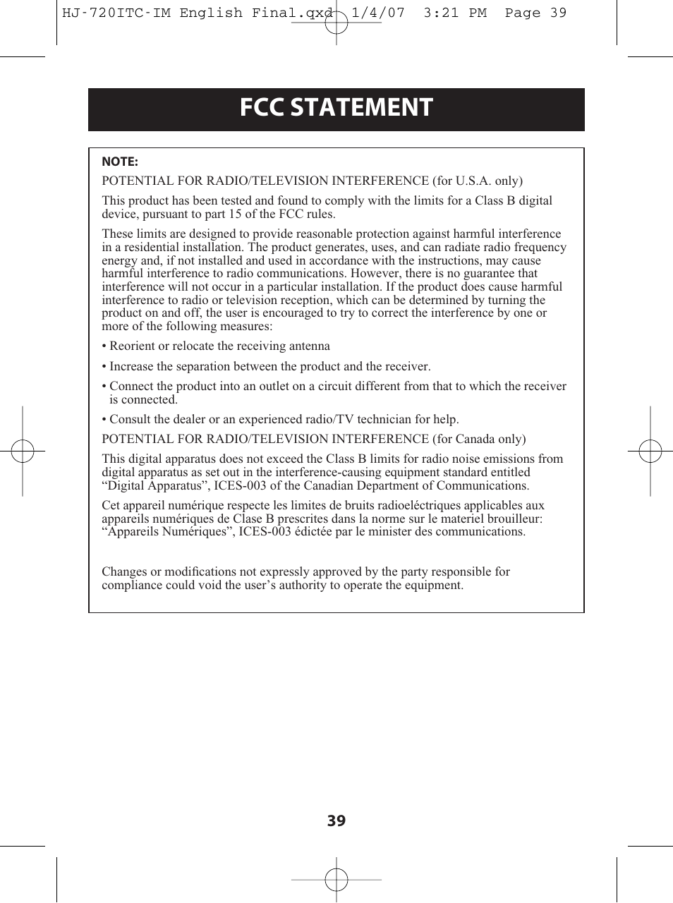 Fcc statement | Omron Healthcare HJ-720ITC User Manual | Page 39 / 42
