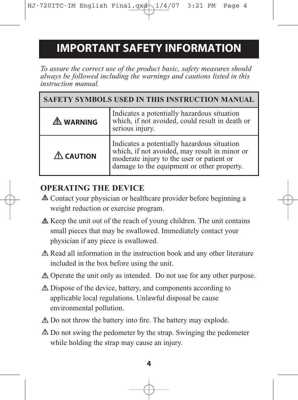 Important safety information | Omron Healthcare HJ-720ITC User Manual | Page 4 / 42