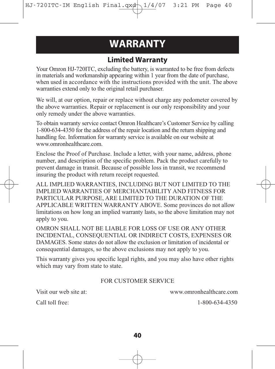 Warranty, Limited warranty | Omron Healthcare HJ-720ITC User Manual | Page 40 / 42