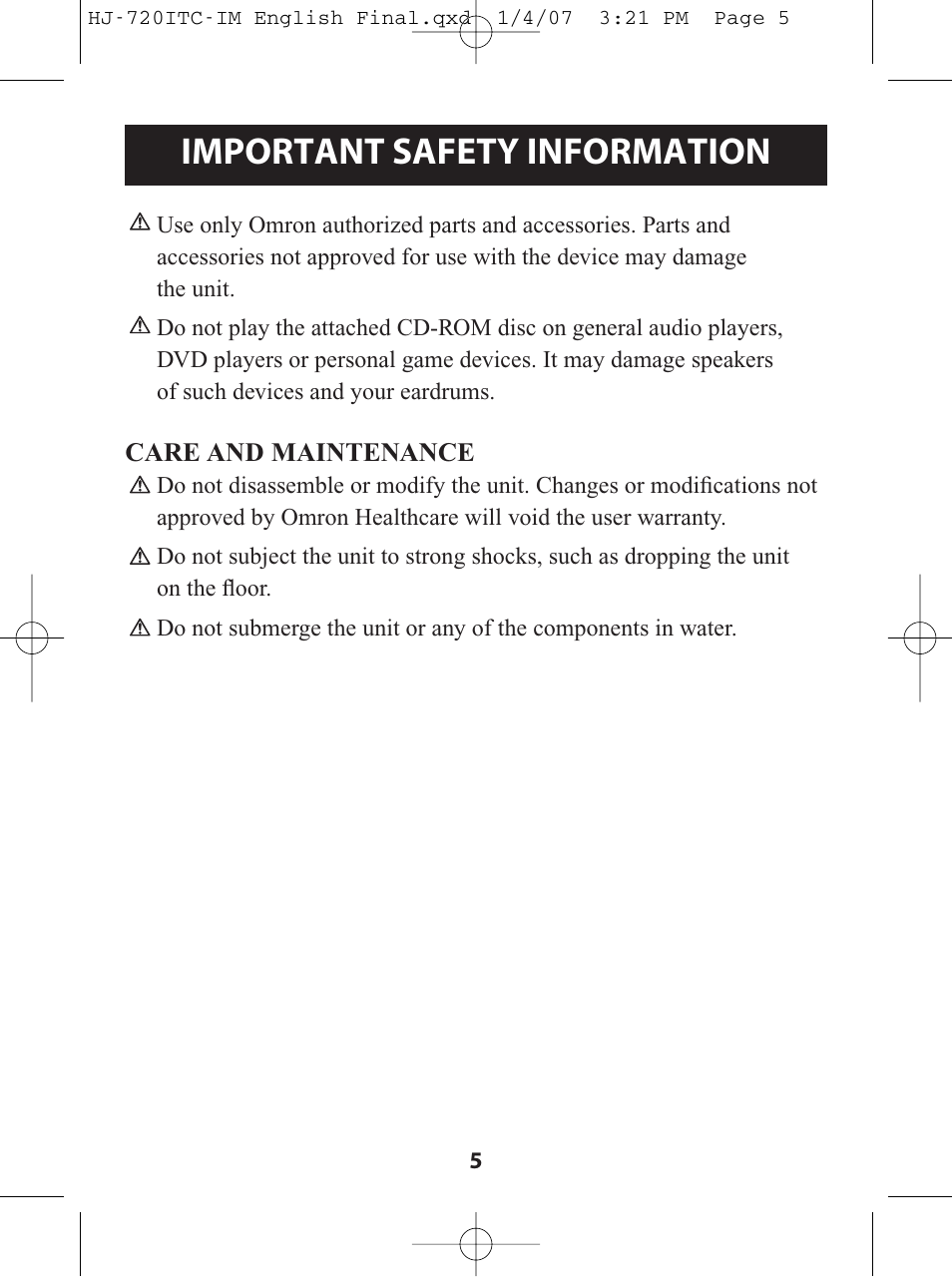 Important safety information | Omron Healthcare HJ-720ITC User Manual | Page 5 / 42