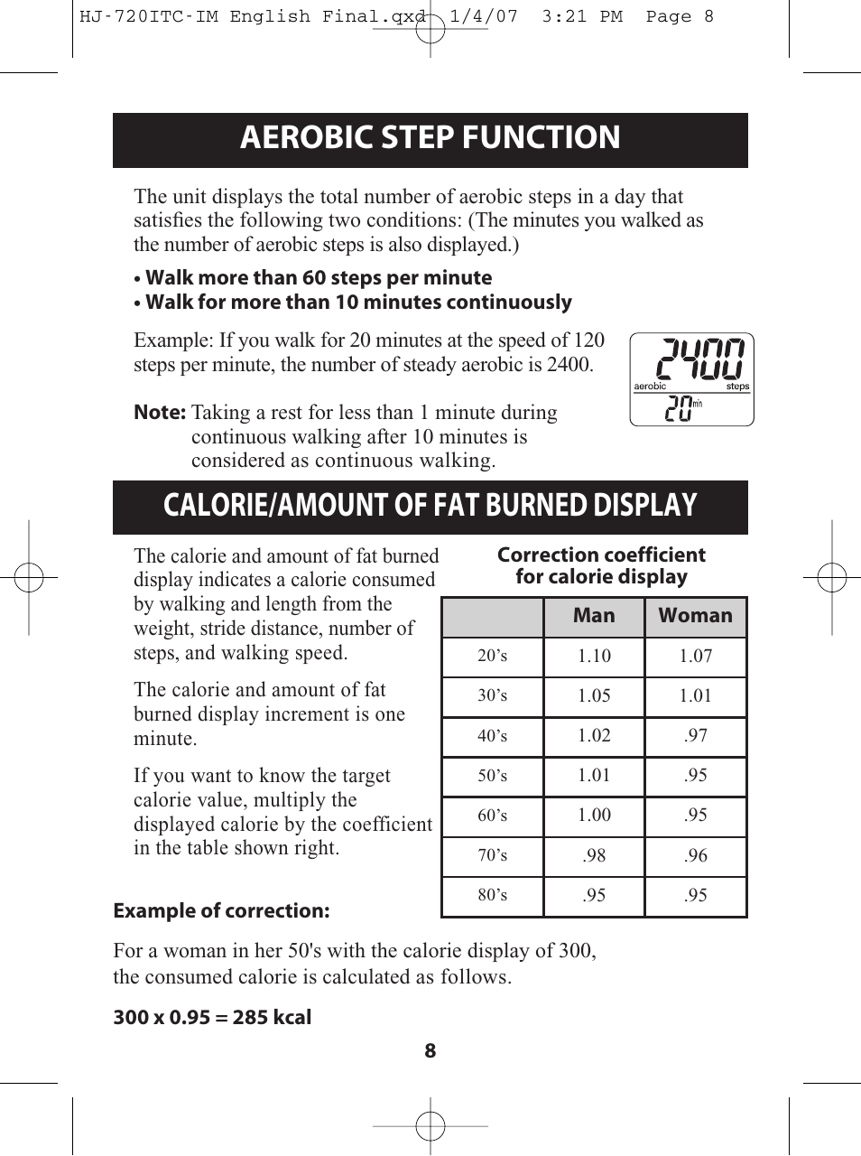 Aerobic step function, Calorie/amount of fat burned, Calorie/amount of fat burned display | Omron Healthcare HJ-720ITC User Manual | Page 8 / 42