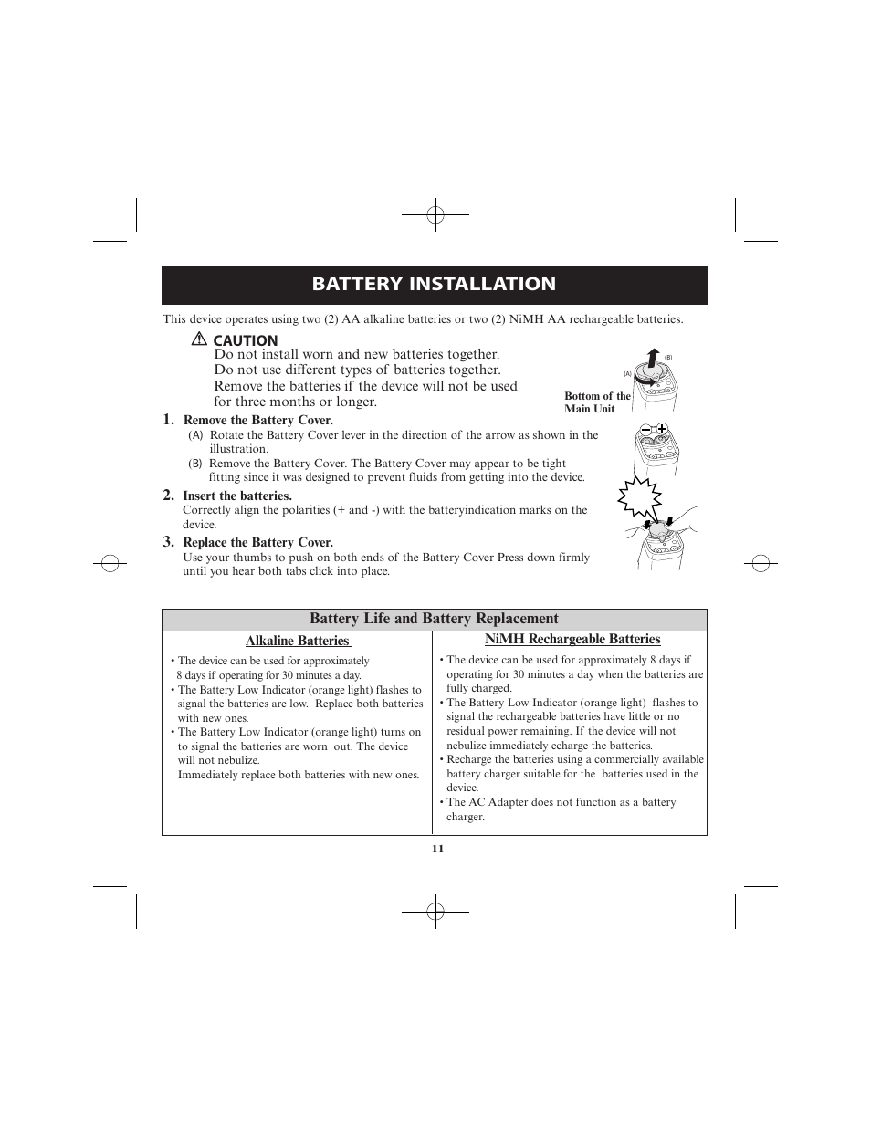 Battery installation, Battery life and battery replacement, Caution | Omron Healthcare VIBRATING MESH NEBULIZER NE-U22V User Manual | Page 11 / 78