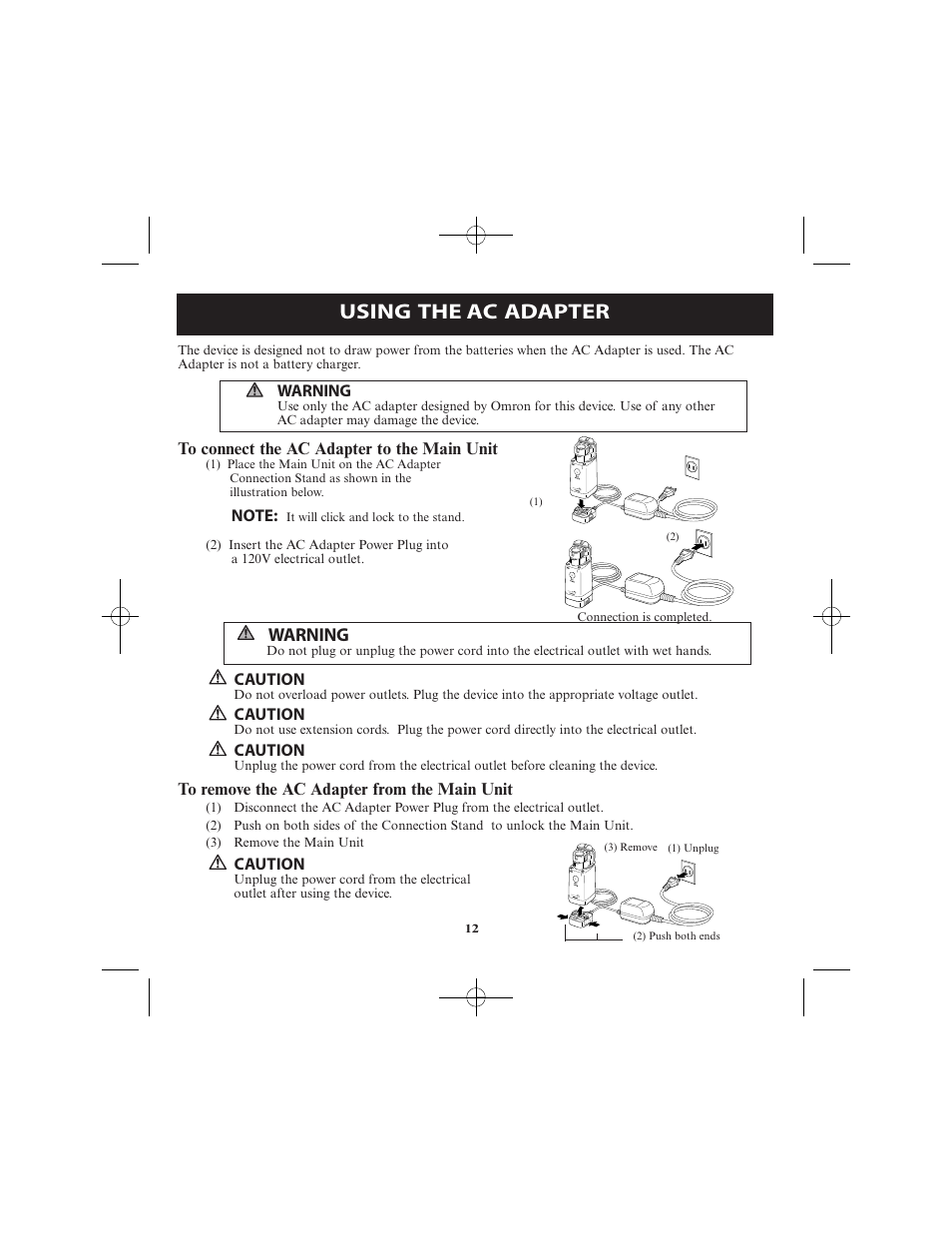 Using the ac adapter, Warning | Omron Healthcare VIBRATING MESH NEBULIZER NE-U22V User Manual | Page 12 / 78