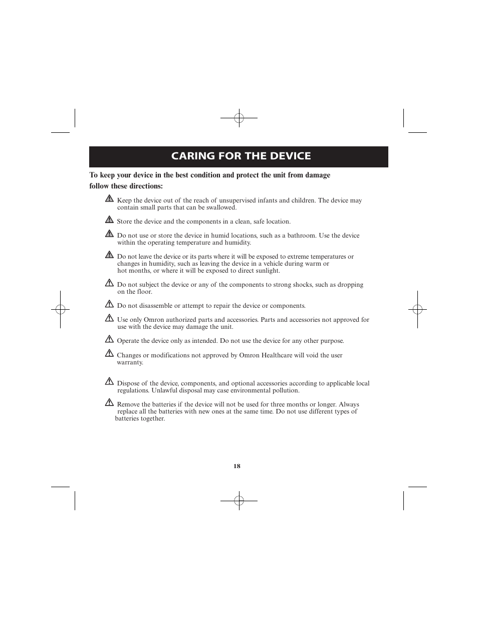 Caring for the device | Omron Healthcare VIBRATING MESH NEBULIZER NE-U22V User Manual | Page 18 / 78