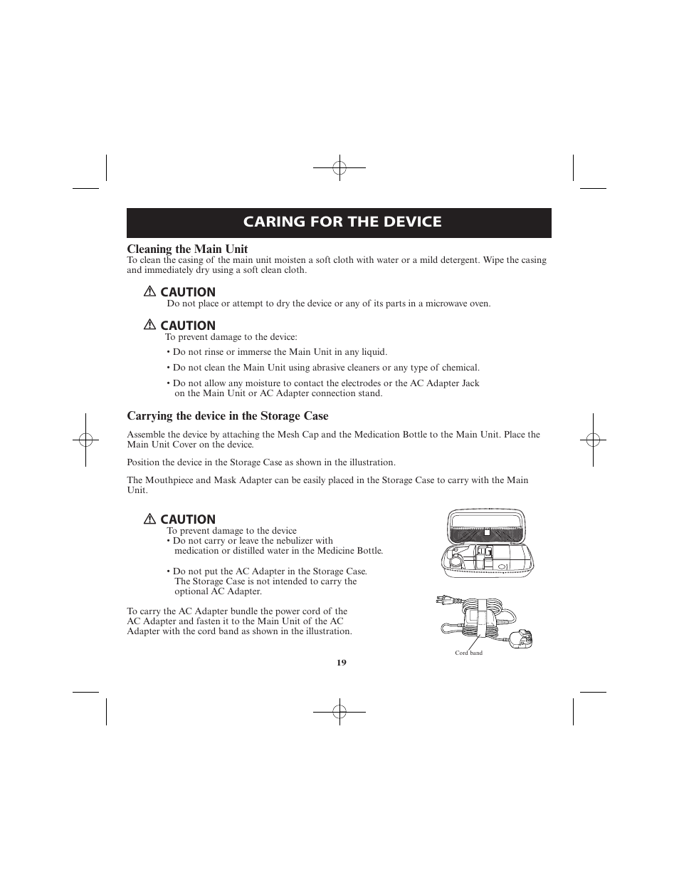 Caring for the device, Caution | Omron Healthcare VIBRATING MESH NEBULIZER NE-U22V User Manual | Page 19 / 78