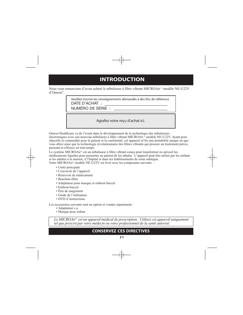 Introduction, Conservez ces directives | Omron Healthcare VIBRATING MESH NEBULIZER NE-U22V User Manual | Page 29 / 78