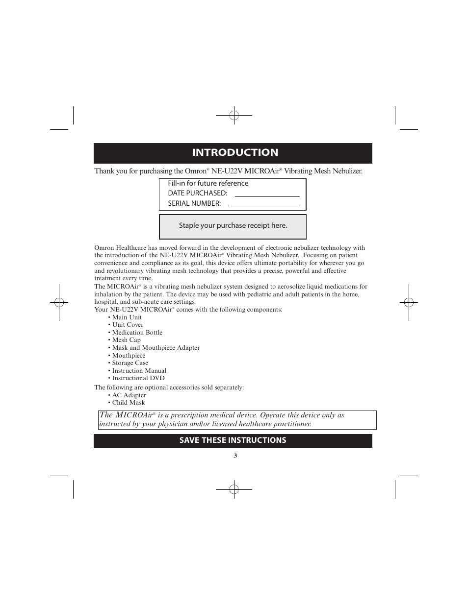 Introduction, The m, Save these instructions | Omron Healthcare VIBRATING MESH NEBULIZER NE-U22V User Manual | Page 3 / 78