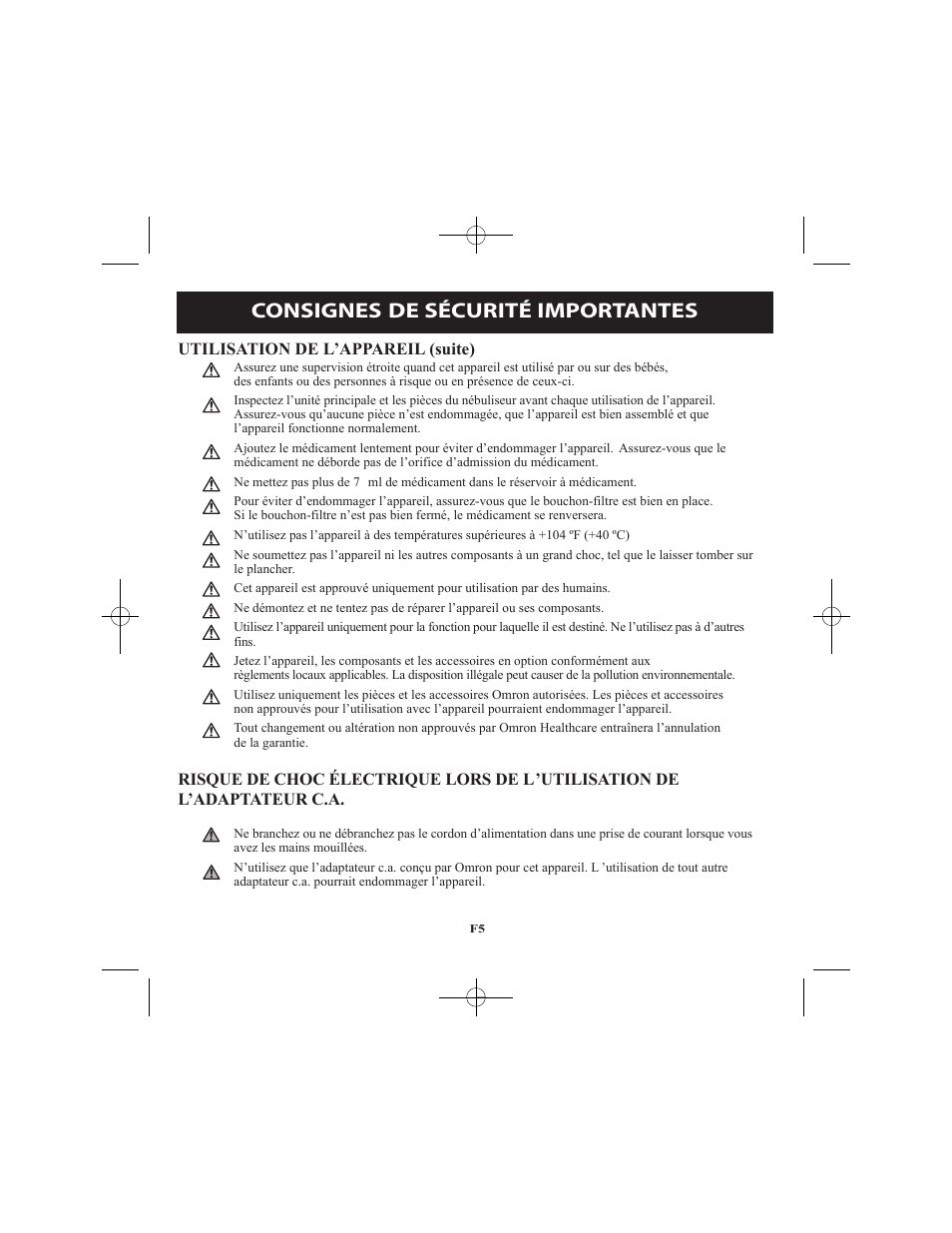 Consignes de sécurité importantes | Omron Healthcare VIBRATING MESH NEBULIZER NE-U22V User Manual | Page 31 / 78