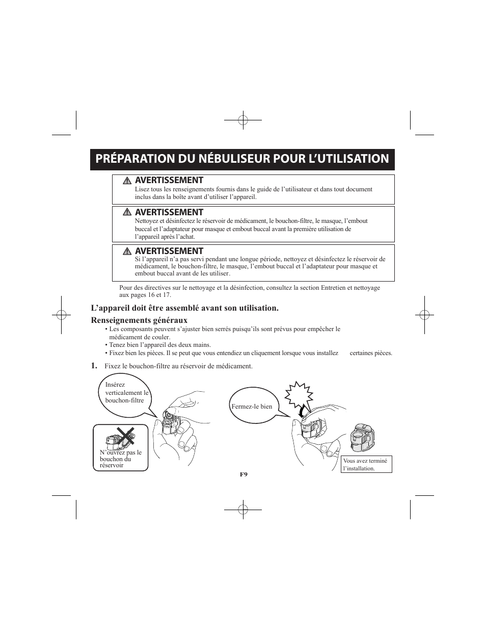 Préparation du nébuliseur pour l’utilisation, Avertissement | Omron Healthcare VIBRATING MESH NEBULIZER NE-U22V User Manual | Page 35 / 78