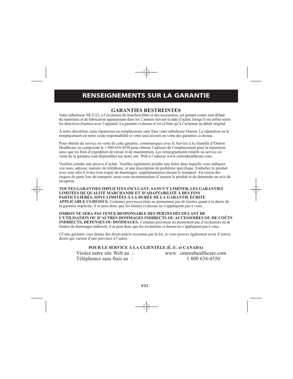 Renseignements sur la garantie | Omron Healthcare VIBRATING MESH NEBULIZER NE-U22V User Manual | Page 48 / 78