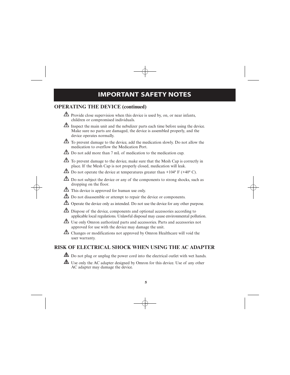 Operating the device (continued), Risk of electrical shock when using the ac adapter | Omron Healthcare VIBRATING MESH NEBULIZER NE-U22V User Manual | Page 5 / 78