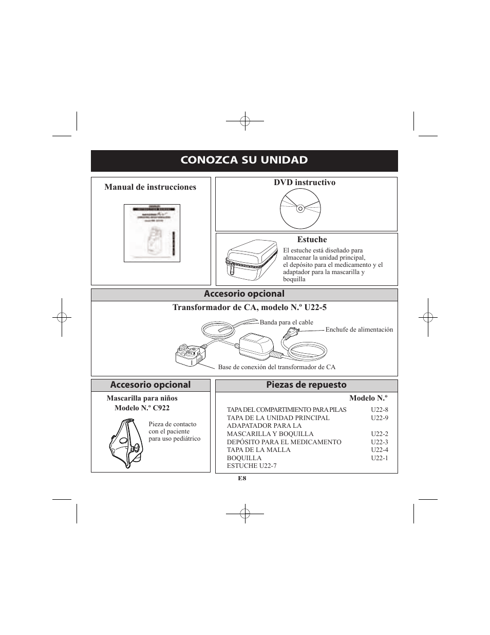 Conozca su unidad, Accesorio opcional, Accesorio opcional piezas de repuesto | Omron Healthcare VIBRATING MESH NEBULIZER NE-U22V User Manual | Page 60 / 78