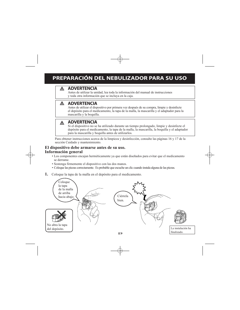 Preparación del nebulizador para su uso, Advertencia | Omron Healthcare VIBRATING MESH NEBULIZER NE-U22V User Manual | Page 61 / 78