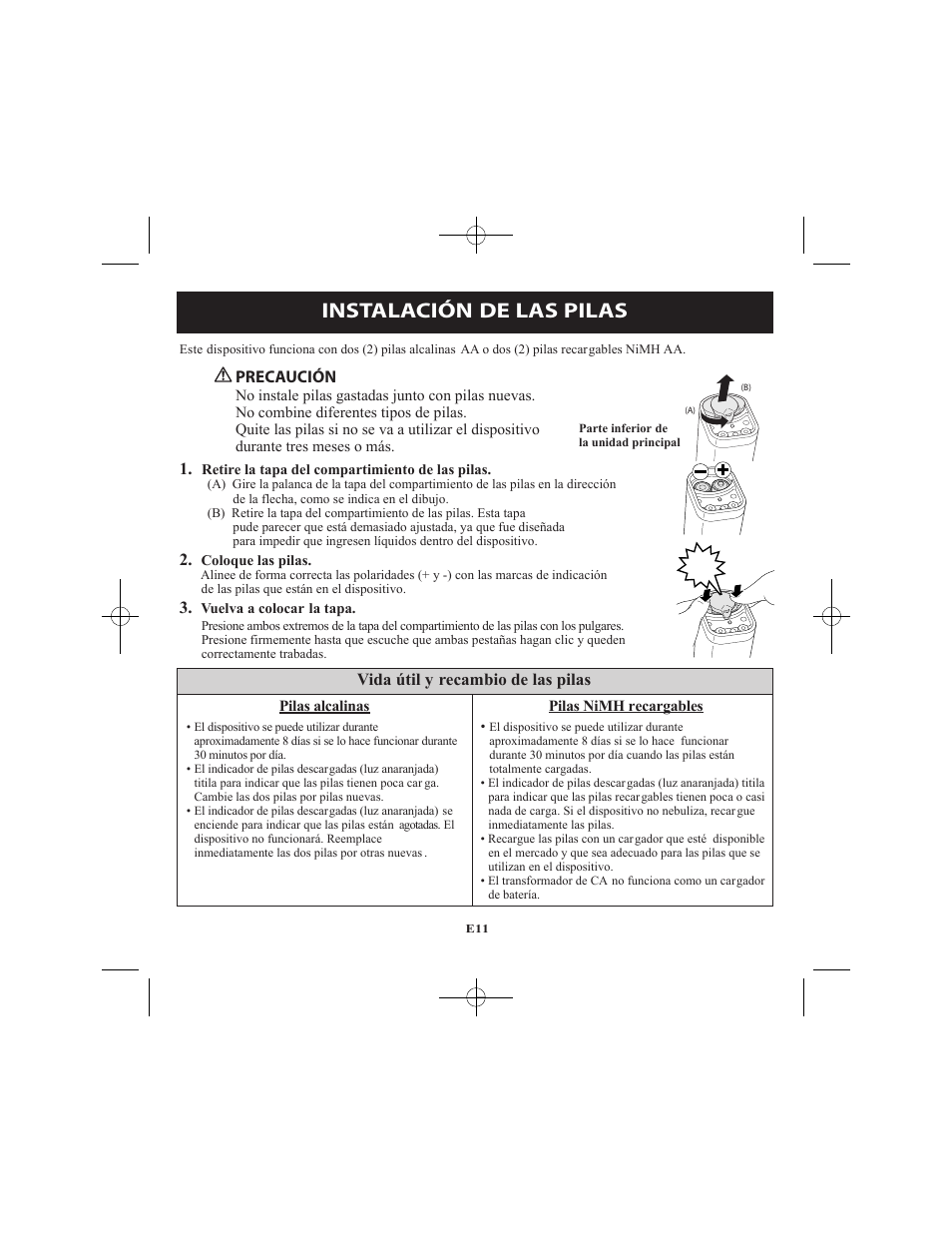 Instalación de las pilas, Precaución, Vida útil y recambio de las pilas | Omron Healthcare VIBRATING MESH NEBULIZER NE-U22V User Manual | Page 63 / 78