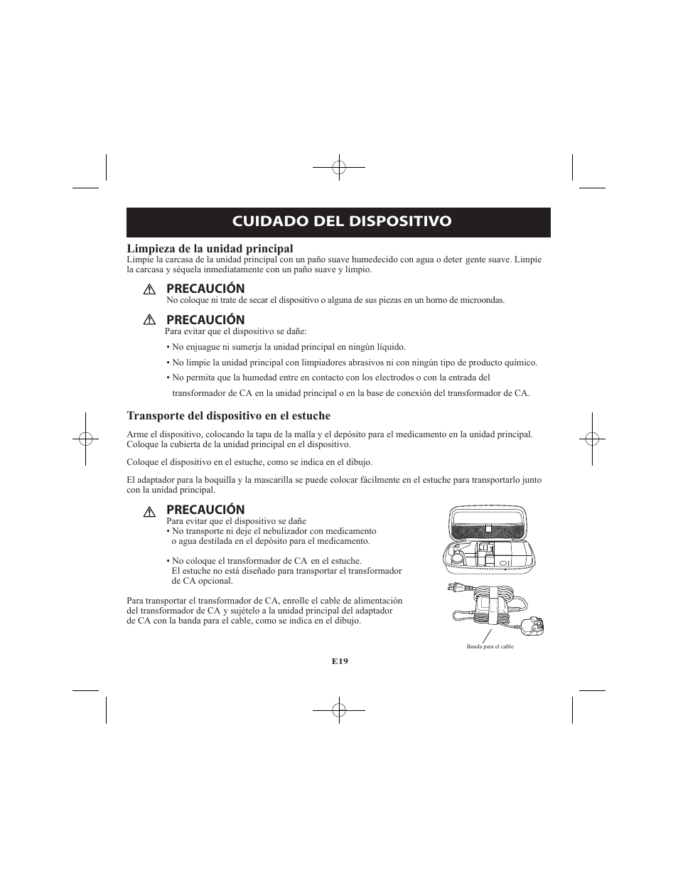 Cuidado del dispositivo, Precaución | Omron Healthcare VIBRATING MESH NEBULIZER NE-U22V User Manual | Page 71 / 78