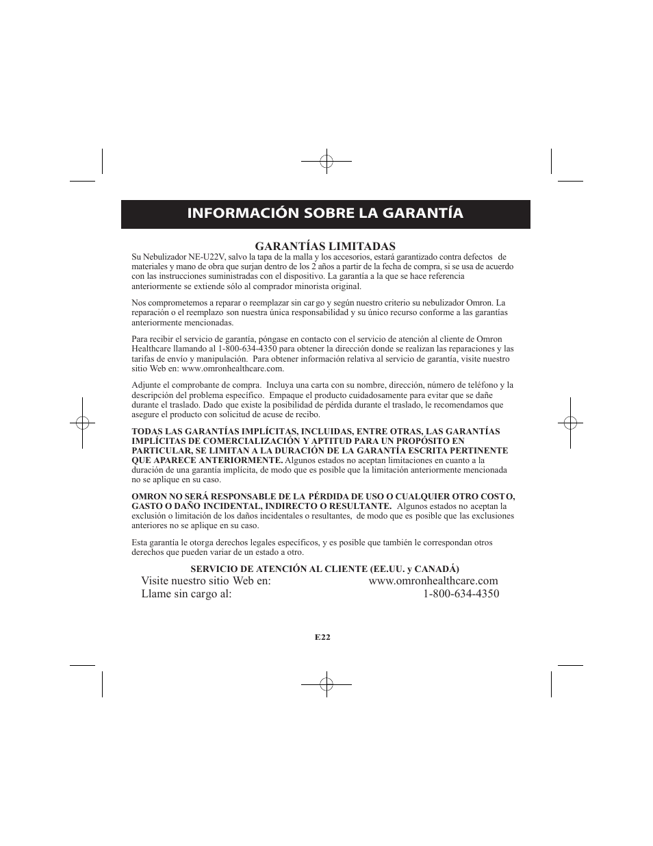 Información sobre la garantía | Omron Healthcare VIBRATING MESH NEBULIZER NE-U22V User Manual | Page 74 / 78