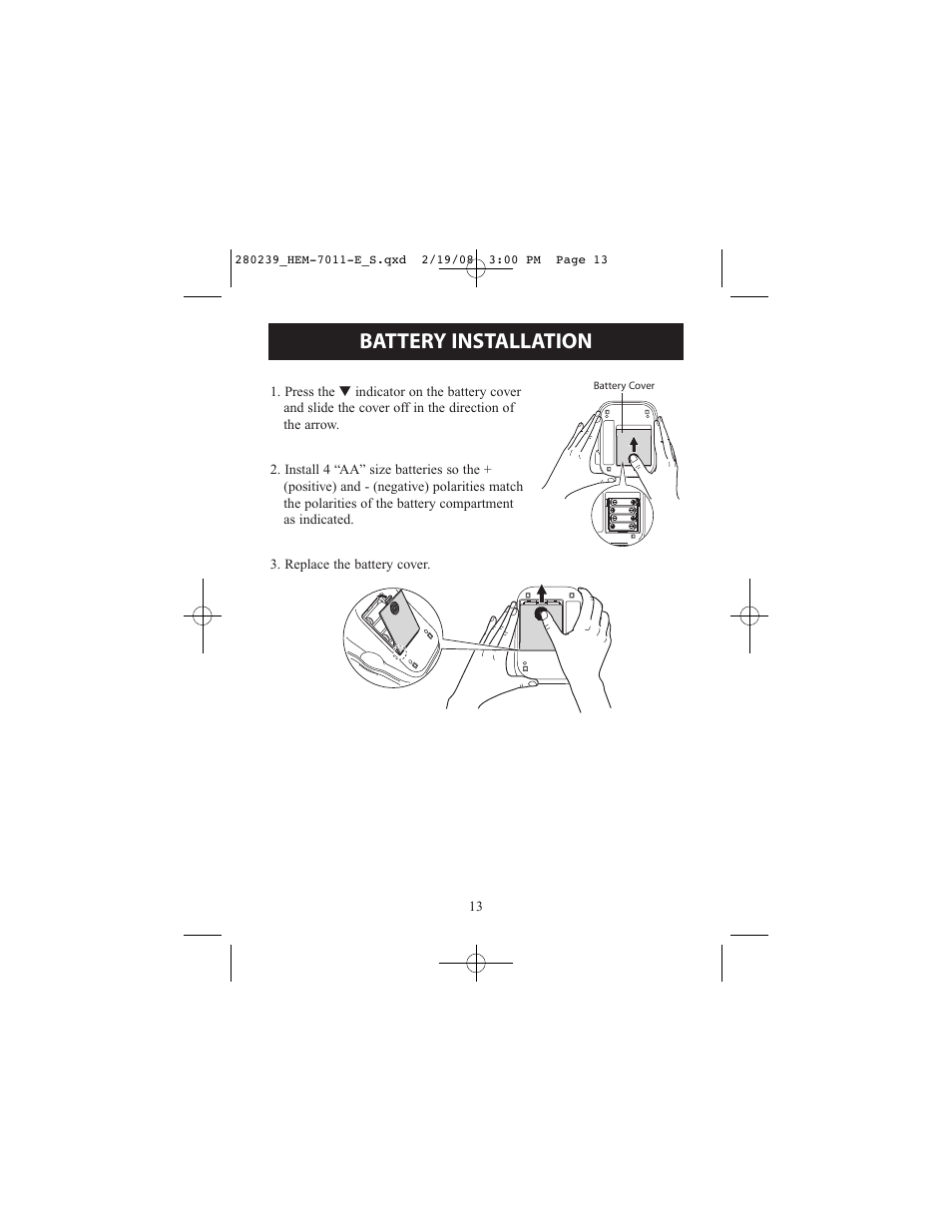 Battery installation | Omron Healthcare INTELLI SENSE HEM-711AC User Manual | Page 13 / 38